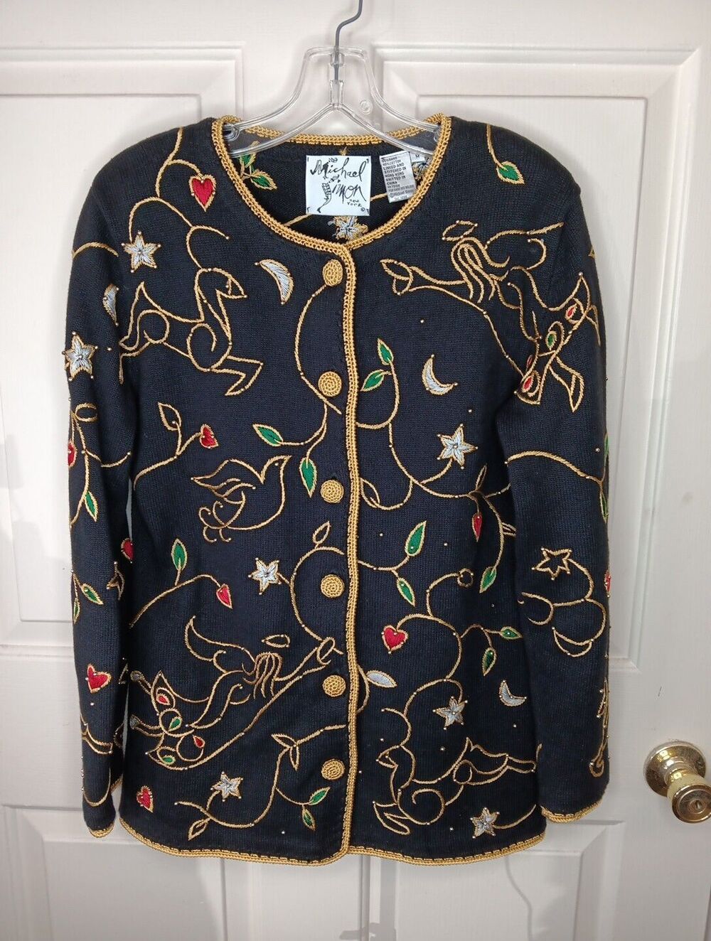 VTG Michael Simon Medium Black Gold Christmas Angel Beaded Button Sweater 1998